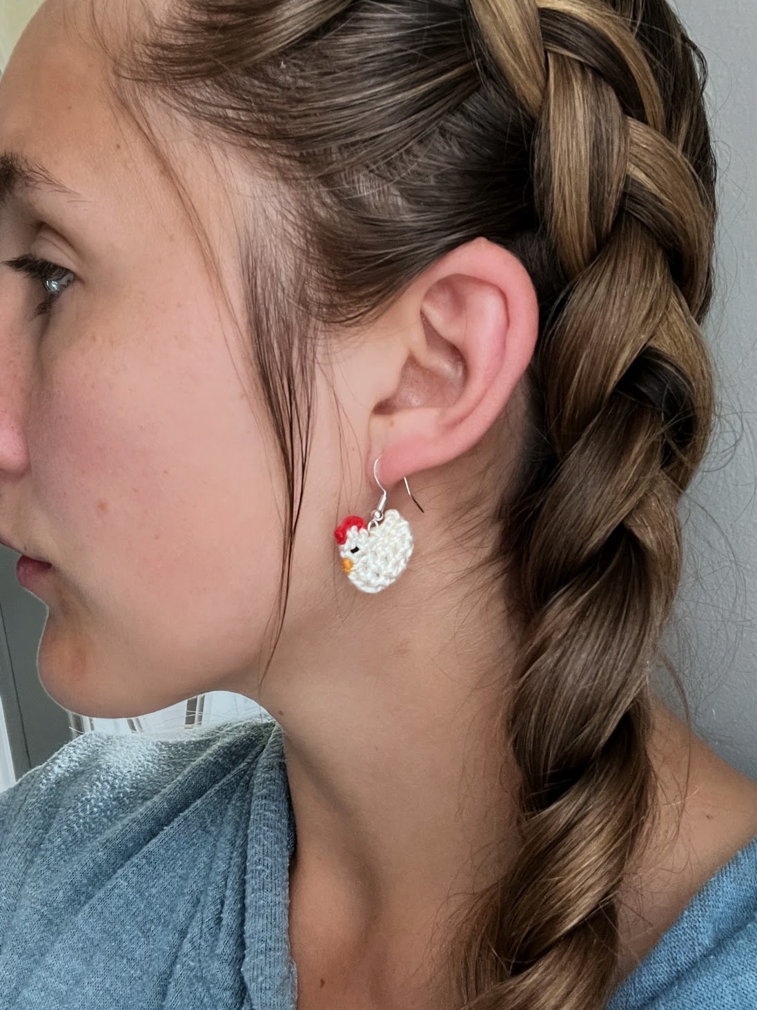 Amigurumi Chicken Earrings Hangiing From Ear Made from Crochet Pattern