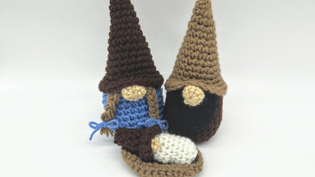 Gnome Nativity Crochet Pattern Cover Photo A mary and a Joseph and a Baby Jesus gnome Huddled together